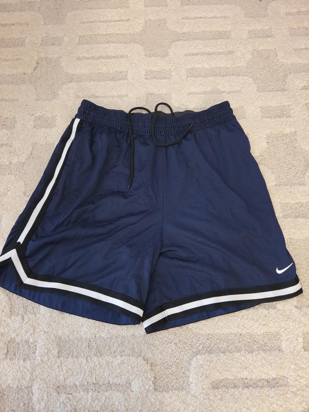 Nike Men’s Navy Athletic Shorts with Black and White Trim. Size Large